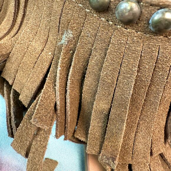 Steve Madden Surrie Brown Suede Leather Studden Ankle Fringe Moccasin Sandals - Picture 9 of 9